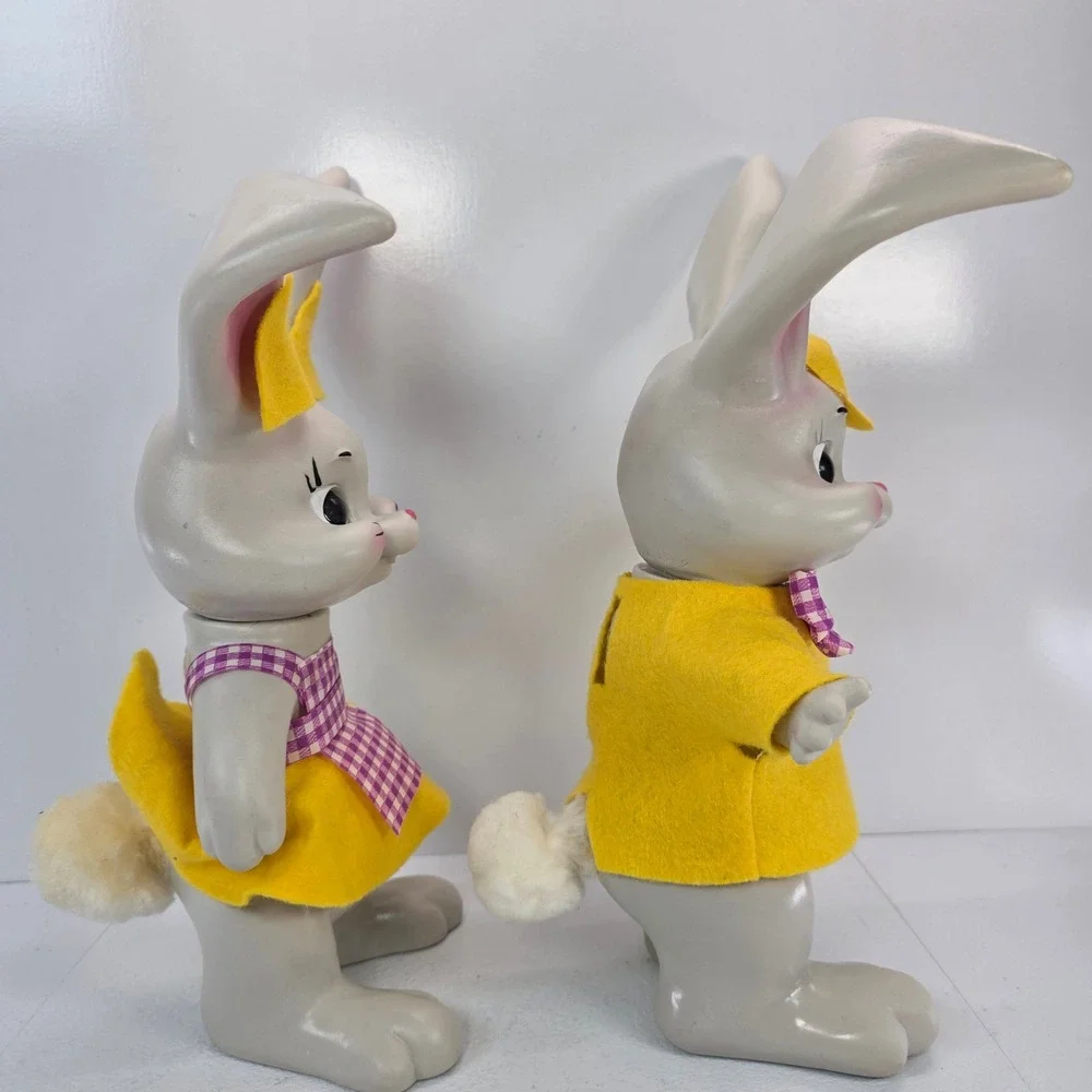 Vintage Roy Des of Florida Easter Bunny Pair Gray Yellow Felt Outfits 1969 VTG